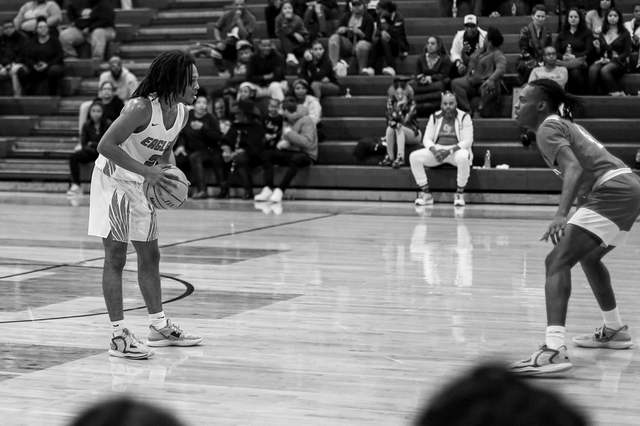 Guard sizing up his defender at the top of the key