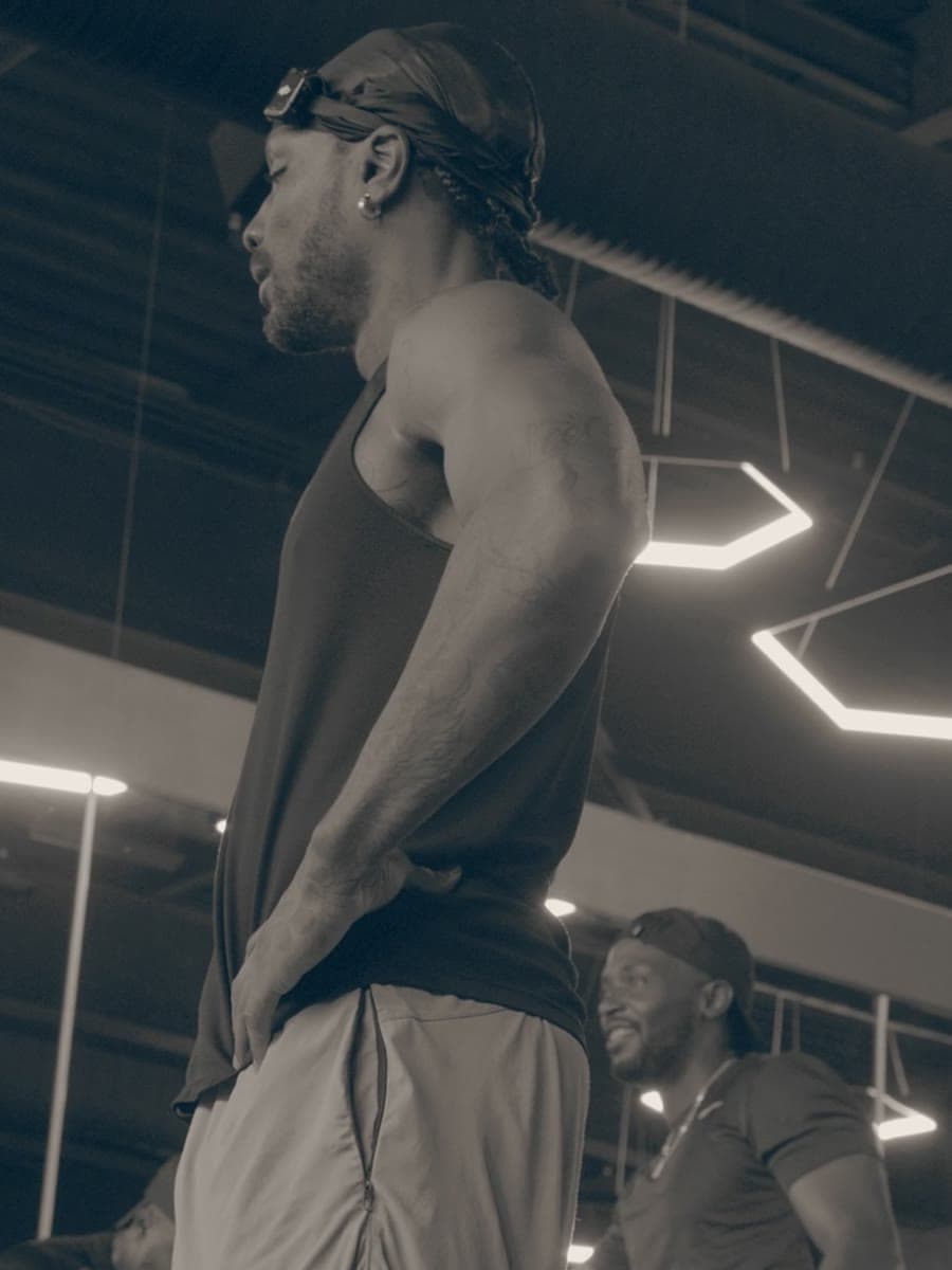 Standing between sets under the hex lights